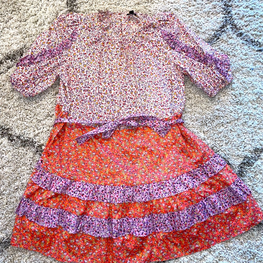 Ann Taylor Floral Ruffle Flare Dress Pink Multi Color Size 12